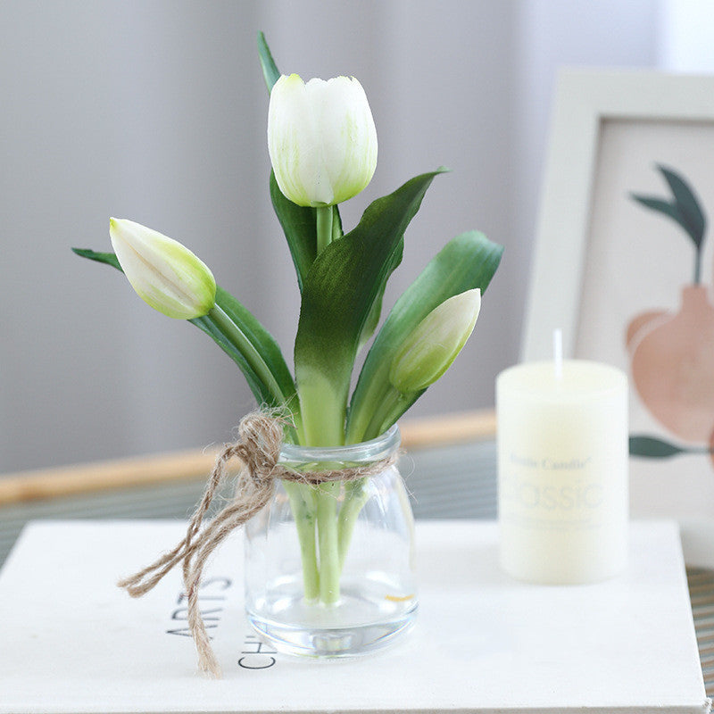 8 Inch Real Touch Tulips Artificial Flowers in Vase with Faux Water, Bulk Table Decor