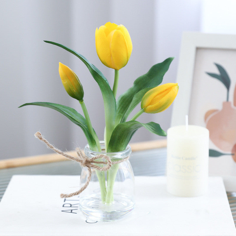 8 Inch Real Touch Tulips Artificial Flowers in Vase with Faux Water, Bulk Table Decor