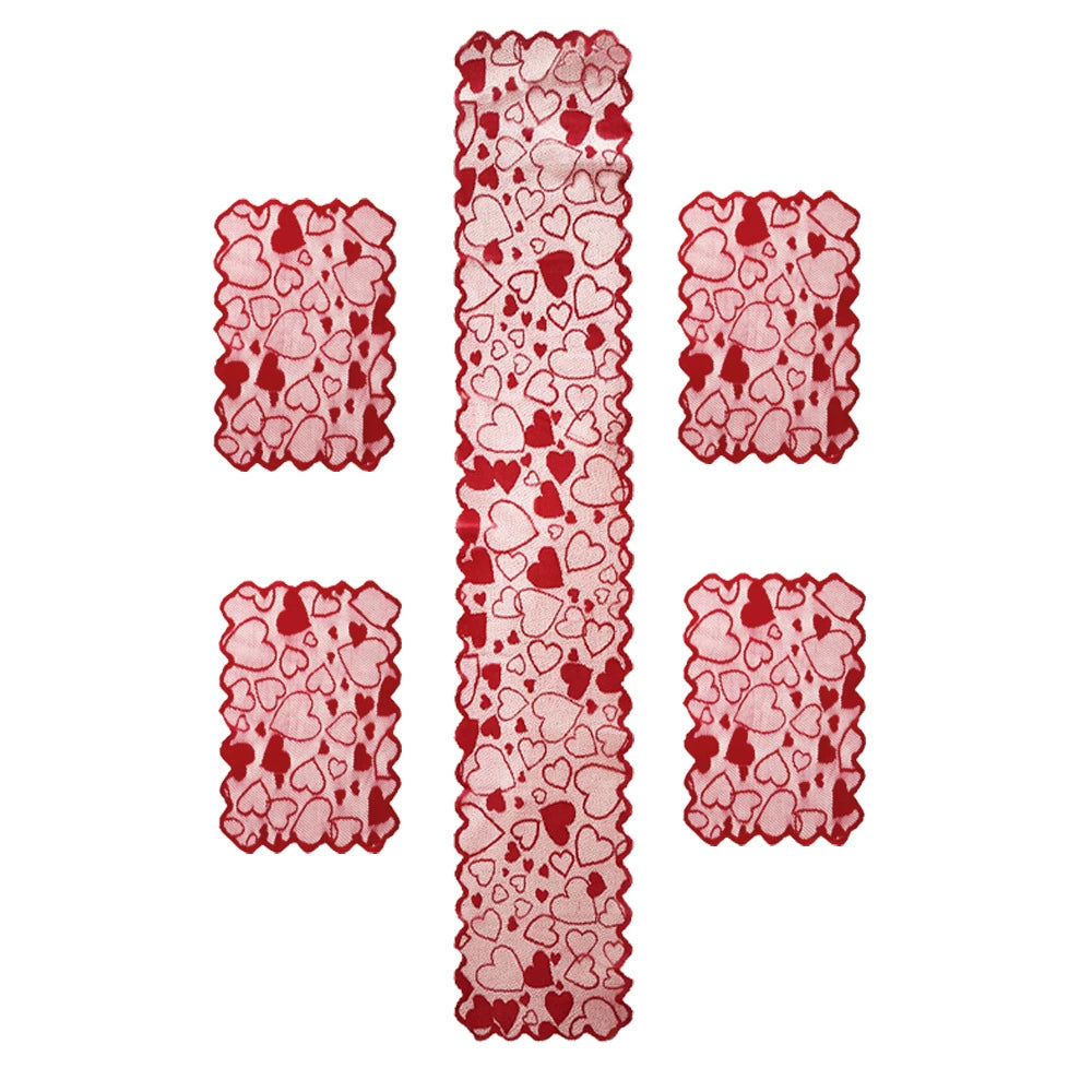 Red Heart Lace Table Runner & Placemat Set - Valentine's Day Wedding Home Decor