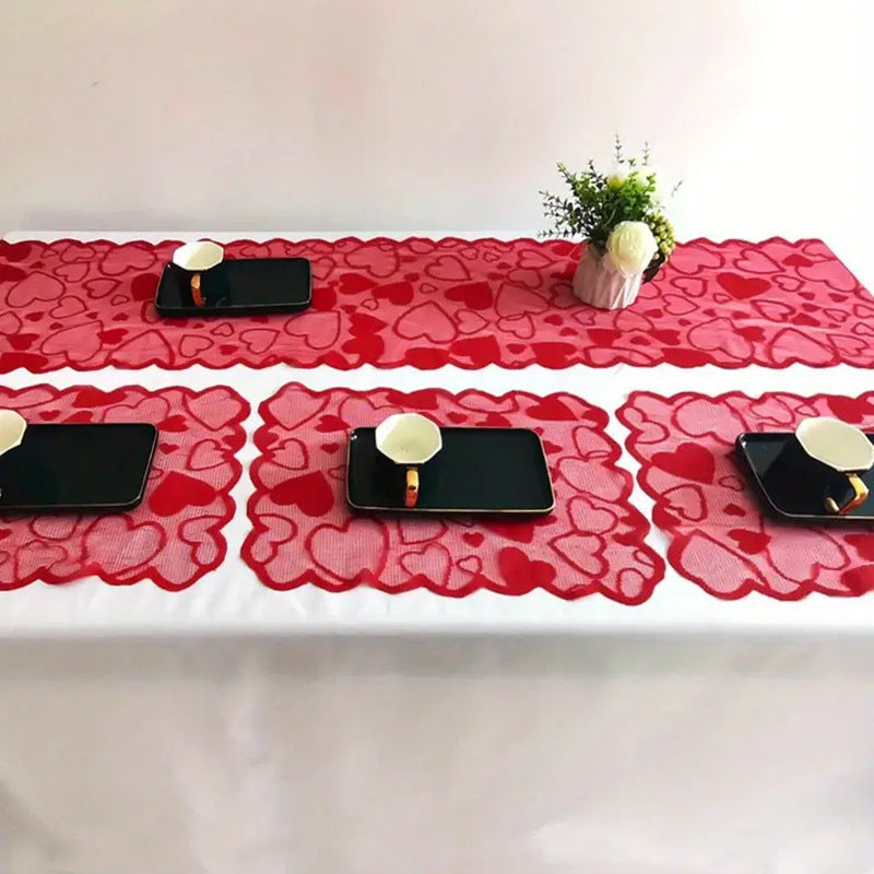 Red Heart Lace Table Runner & Placemat Set - Valentine's Day Wedding Home Decor