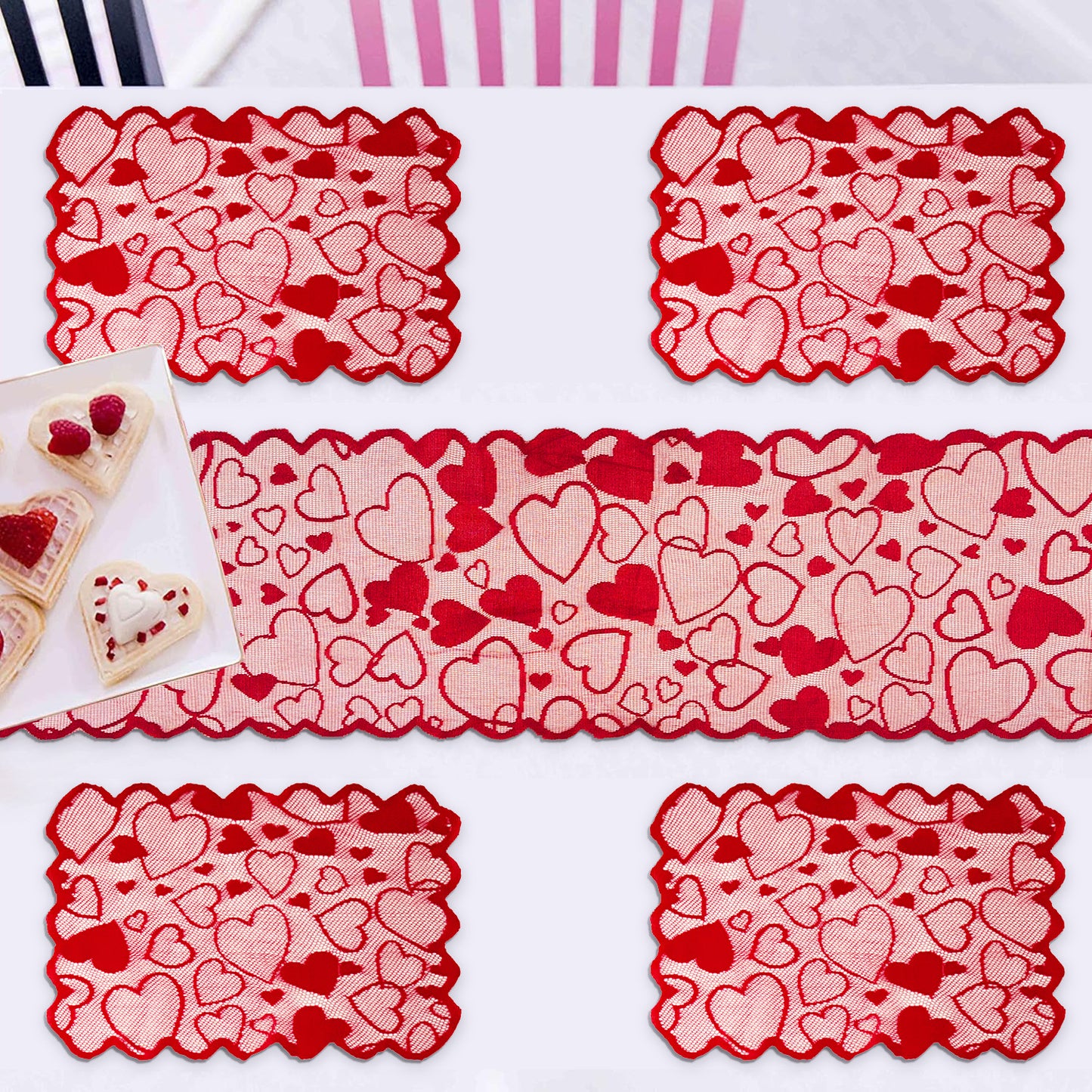 Red Heart Lace Table Runner & Placemat Set - Valentine's Day Wedding Home Decor