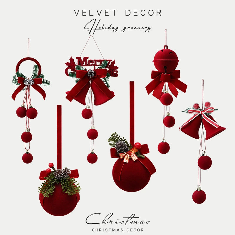 Red Velvet Christmas Bell Ornaments Set - Tree & Window Decor (3.1-7.6 Inches)