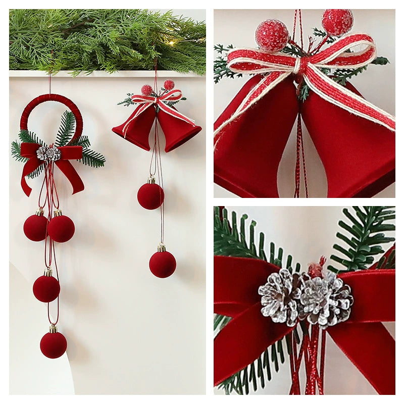 Red Velvet Christmas Bell Ornaments Set - Tree & Window Decor (3.1-7.6 Inches)