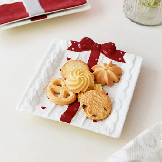 Red & White Knit Bow Ceramic Tray - Multi-Purpose Dessert/Candy Plate for Parties, Weddings & Afternoon Tea