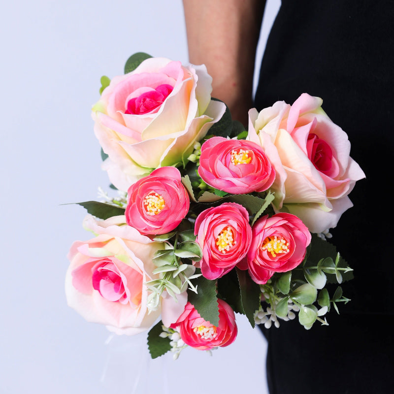7 Inch Small Artificial Pink Rose Bridal Bouquet 1 Pc Free-Form Silk Flower Arrangement