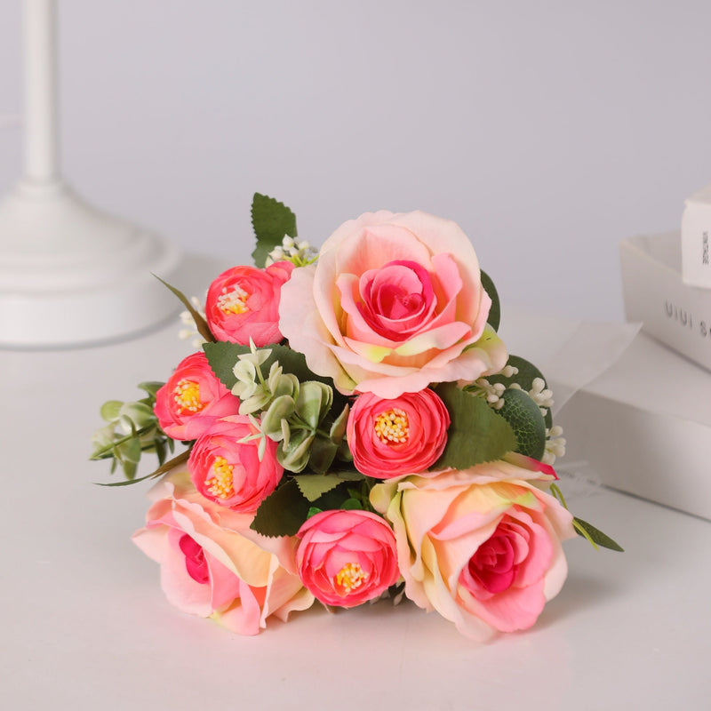 7 Inch Small Artificial Pink Rose Bridal Bouquet 1 Pc Free-Form Silk Flower Arrangement