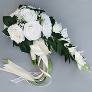 5 Colors 9 Inch Artificial Silk Rose Cascading Bridal Wedding Bouquet Bulk Set