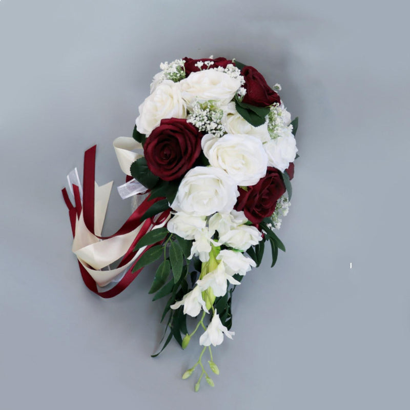 5 Colors 9 Inch Artificial Silk Rose Cascading Bridal Wedding Bouquet Bulk Set