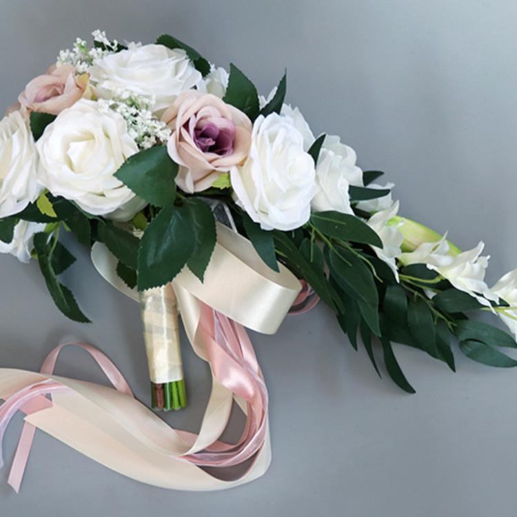 5 Colors 9 Inch Artificial Silk Rose Cascading Bridal Wedding Bouquet Bulk Set