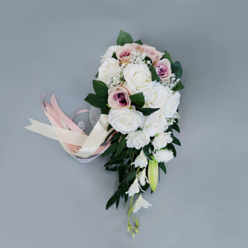 5 Colors 9 Inch Artificial Silk Rose Cascading Bridal Wedding Bouquet Bulk Set