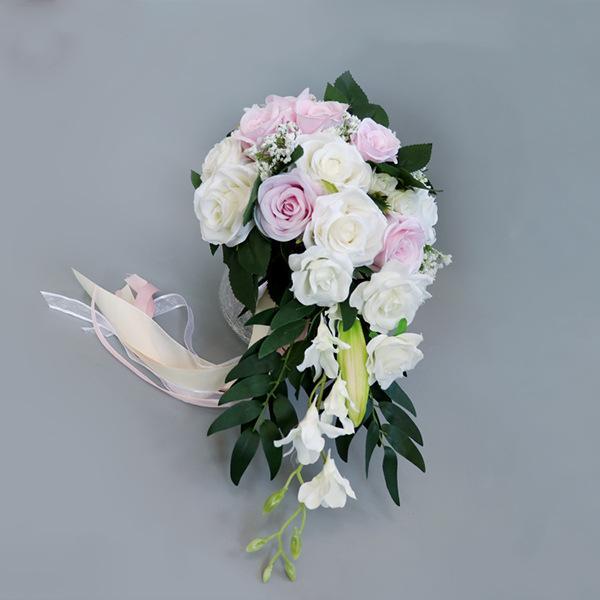 5 Colors 9 Inch Artificial Silk Rose Cascading Bridal Wedding Bouquet Bulk Set