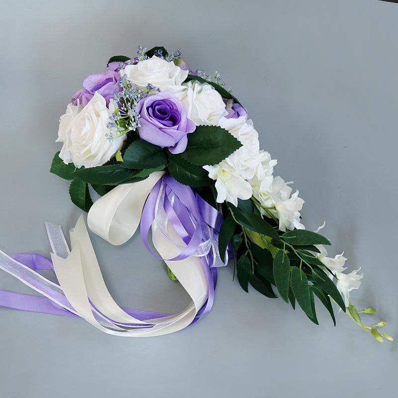 5 Colors 9 Inch Artificial Silk Rose Cascading Bridal Wedding Bouquet Bulk Set