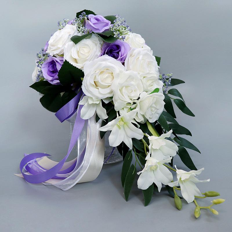 5 Colors 9 Inch Artificial Silk Rose Cascading Bridal Wedding Bouquet Bulk Set