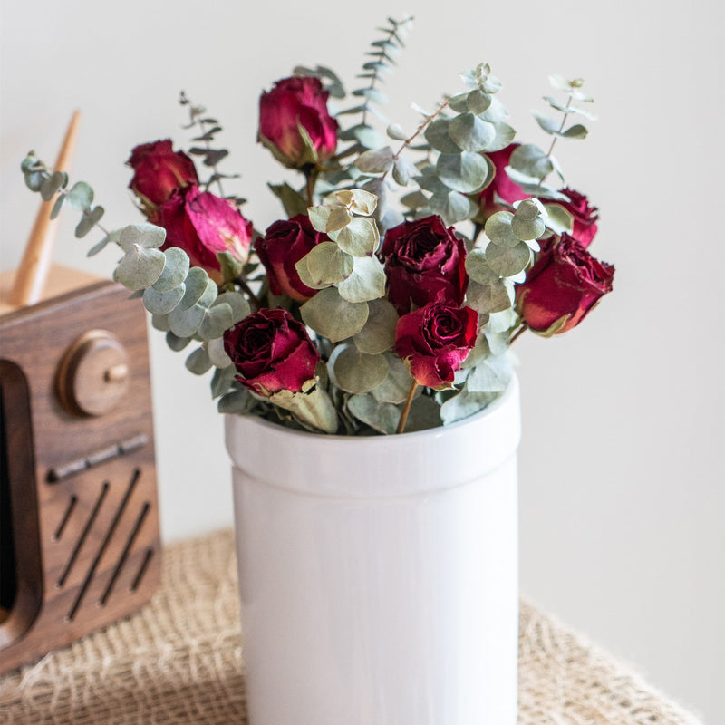 12 Inch Dried Rose Bouquet in Vase, Bulk Wholesale Floral Arrangement, Natural Color