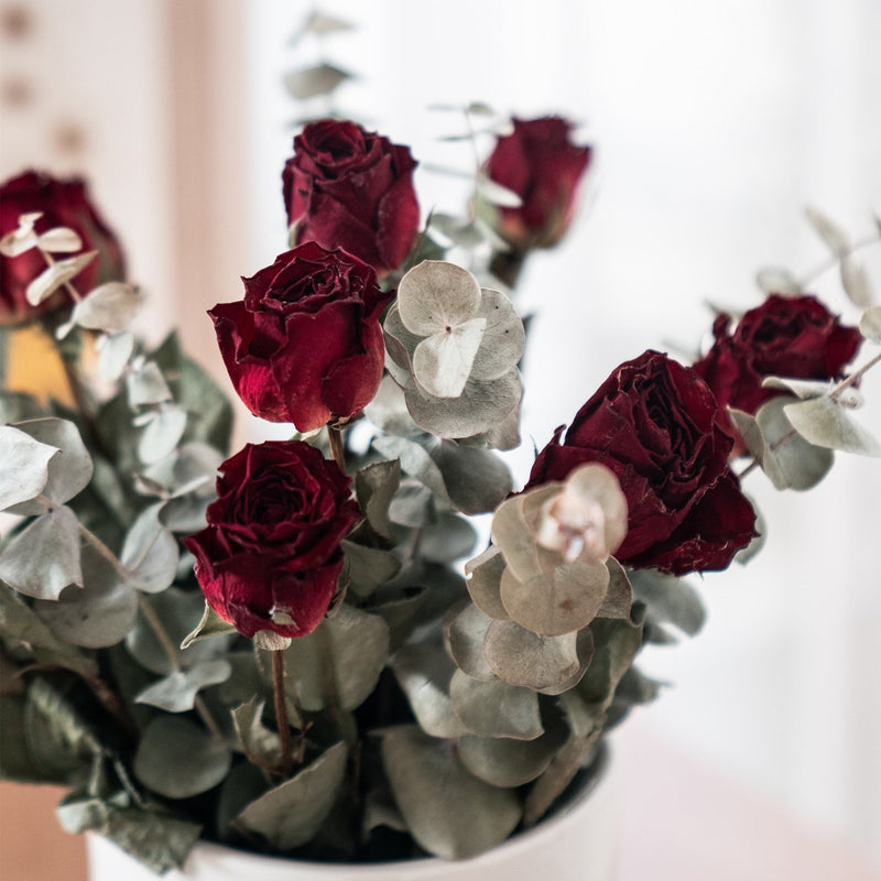 12 Inch Dried Rose Bouquet in Vase, Bulk Wholesale Floral Arrangement, Natural Color