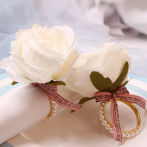 12 Pcs Handmade Artificial Rose Napkin Rings with Pearl Buckles Bulk Set