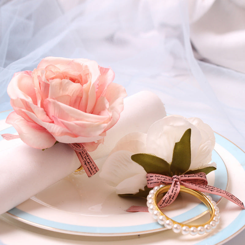 12 Pcs Handmade Artificial Rose Napkin Rings with Pearl Buckles Bulk Set