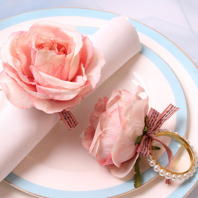 12 Pcs Handmade Artificial Rose Napkin Rings with Pearl Buckles Bulk Set