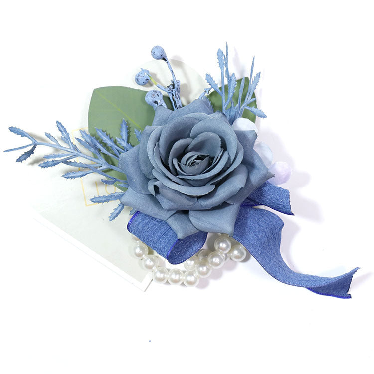 Handmade Blue Rose Wrist Corsage, 1 Pc, Artificial Silk Flower for Wedding Prom