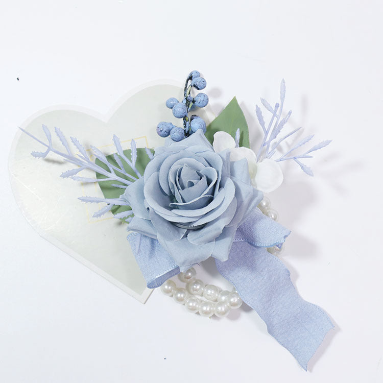 Handmade Blue Rose Wrist Corsage, 1 Pc, Artificial Silk Flower for Wedding Prom