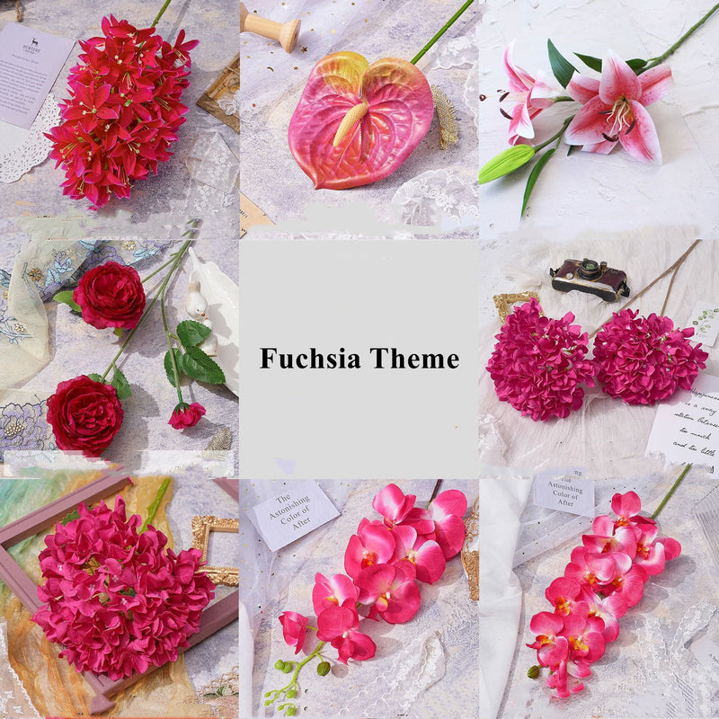 Fuchsia Pink Silk Artificial Flowers Bulk Collection for Decor, Multiple Stems