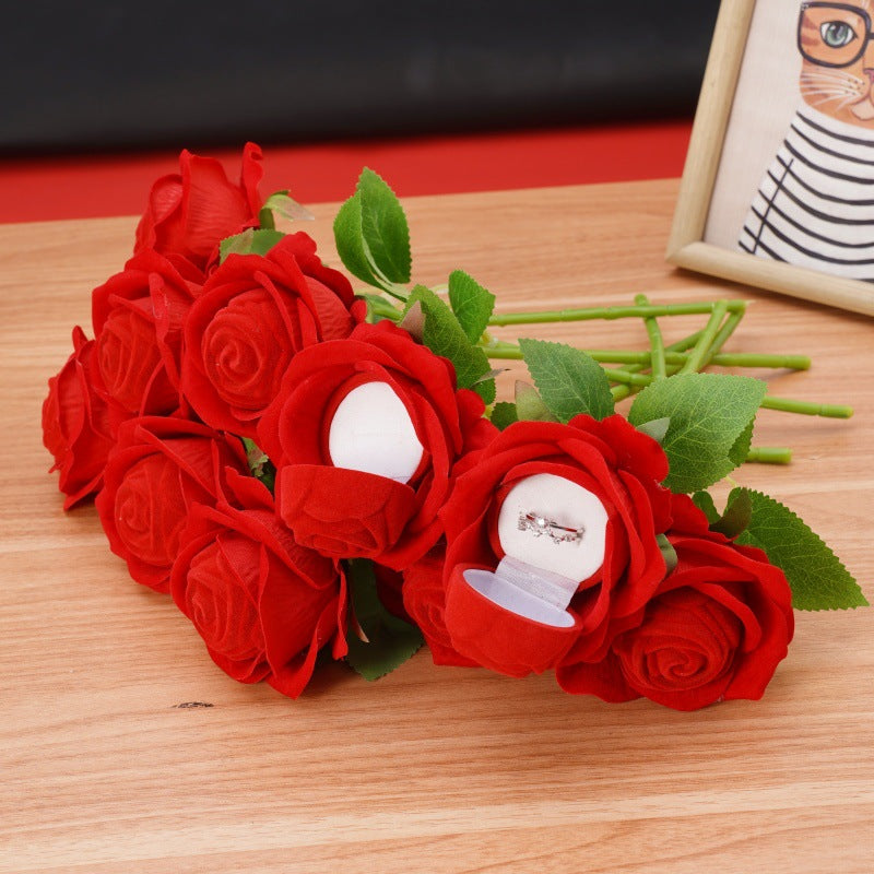 Red Rose Ring Box for Proposal Wedding Ceremony, Bulk Quantity, Artificial Flowers