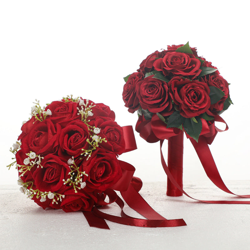 7 Inch Red Artificial Rose Bouquet 12 Stems Round Bulk Wedding Valentine's Day Flowers