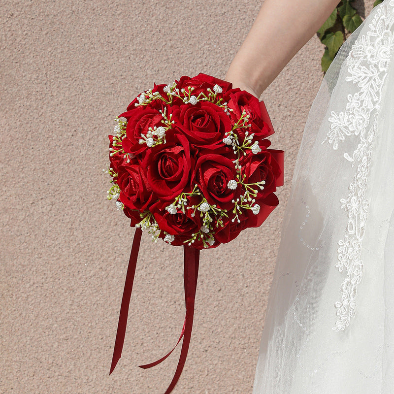 7 Inch Red Artificial Rose Bouquet 12 Stems Round Bulk Wedding Valentine's Day Flowers