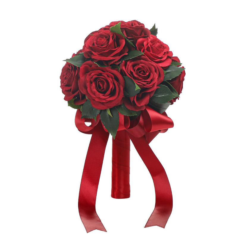 7 Inch Red Artificial Rose Bouquet 12 Stems Round Bulk Wedding Valentine's Day Flowers