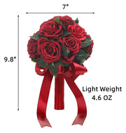 7 Inch Red Artificial Rose Bouquet 12 Stems Round Bulk Wedding Valentine's Day Flowers