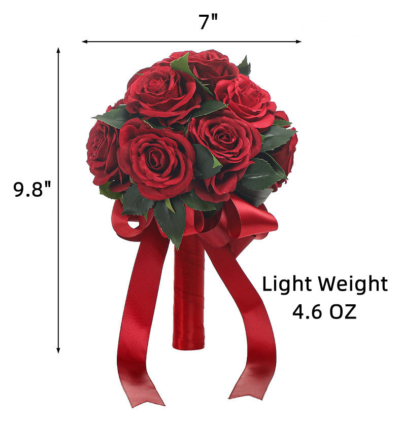 7 Inch Red Artificial Rose Bouquet 12 Stems Round Bulk Wedding Valentine's Day Flowers