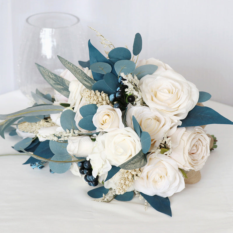 11 Inch Cascading Noble Rose Bouquet, Navy Blue and Champagne, 1 Pc Artificial Wedding Flowers