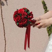 7 Inch Red Artificial Rose Bouquet 12 Stems Round Bulk Wedding Valentine's Day Flowers