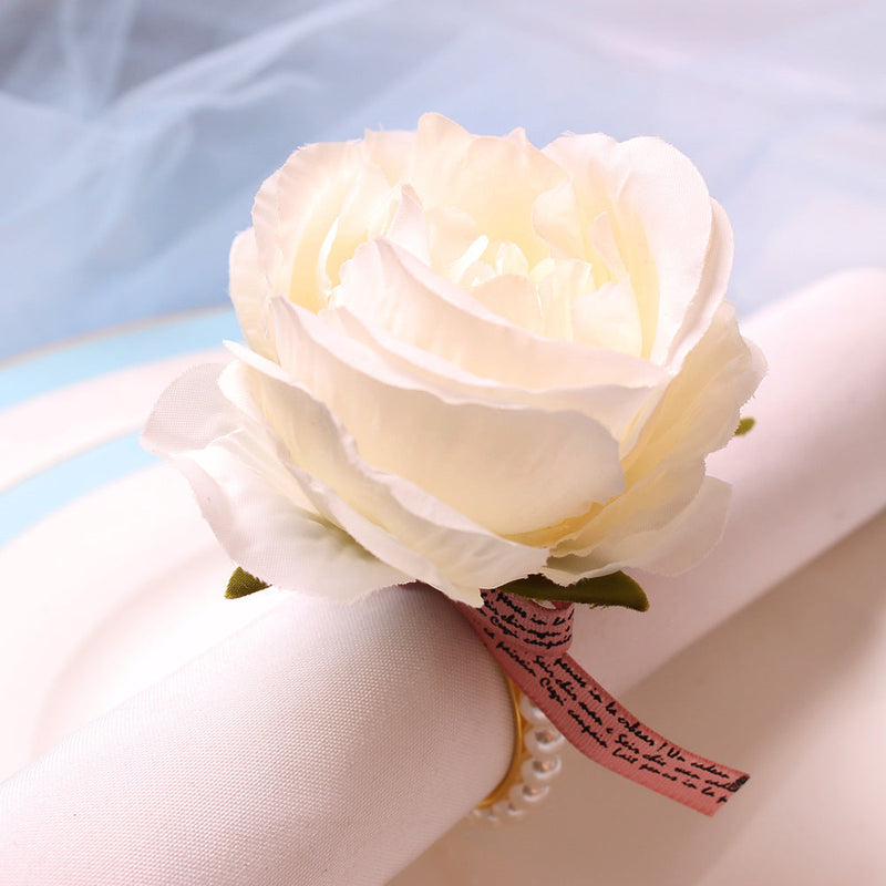 12 Pcs Handmade Artificial Rose Napkin Rings with Pearl Buckles Bulk Set