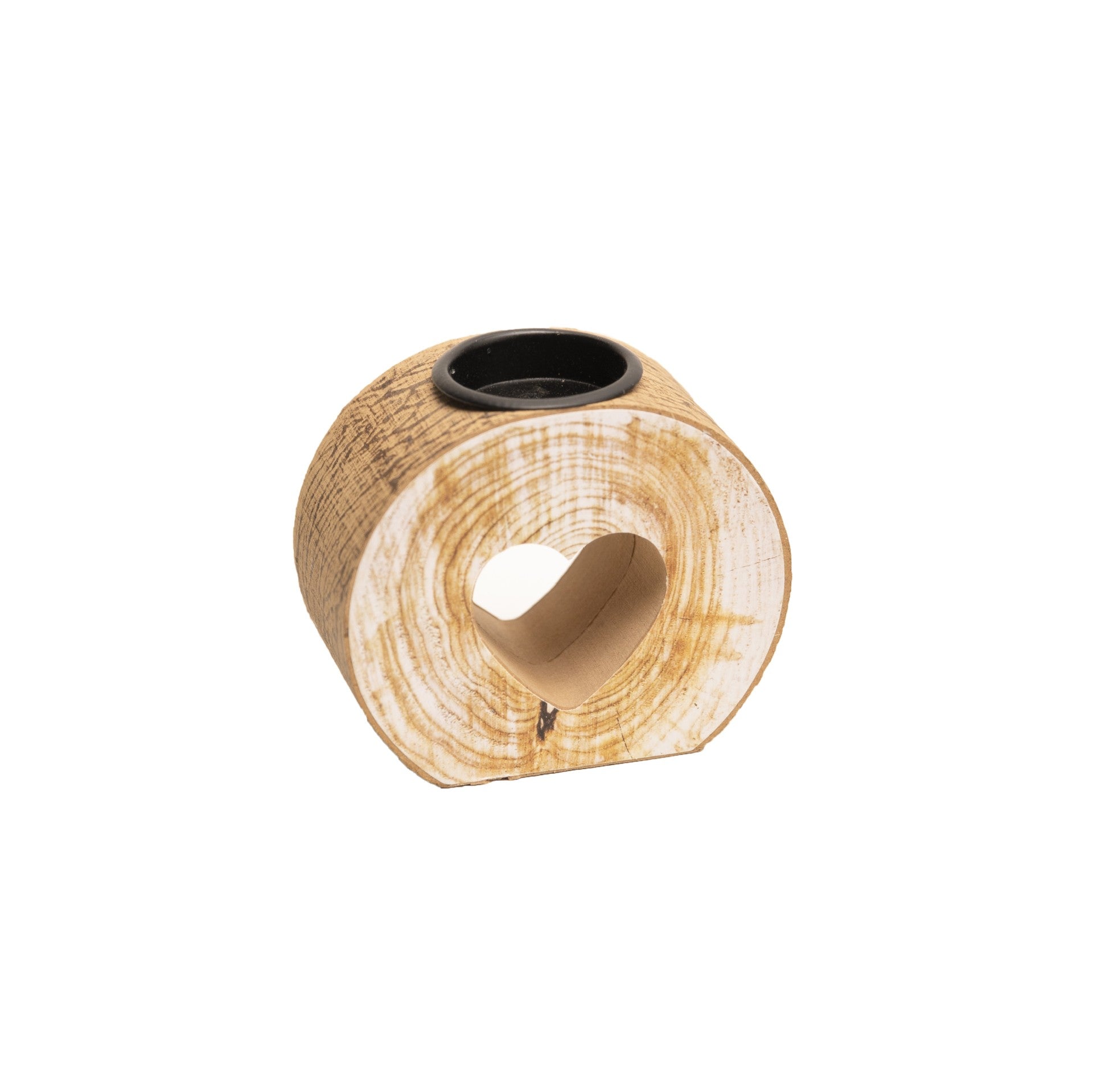 Rustic Wooden Candle Holder with Heart Cutout - 4.1"×2"×3.7" Log & Metal Candle Vessel for Cozy Home Ambiance