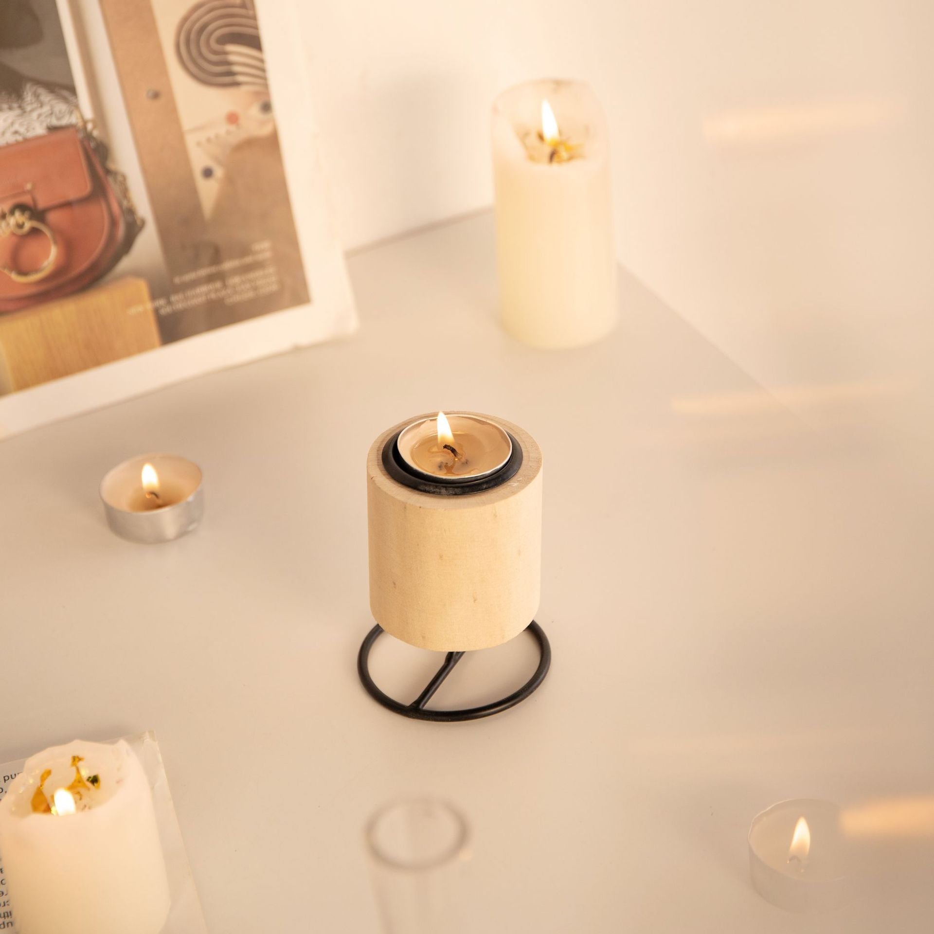 Rustic Wooden Candle Holder with Metal Base - 3.15×2.76 Farmhouse Style Candle Vessel for Cozy Home Ambiance