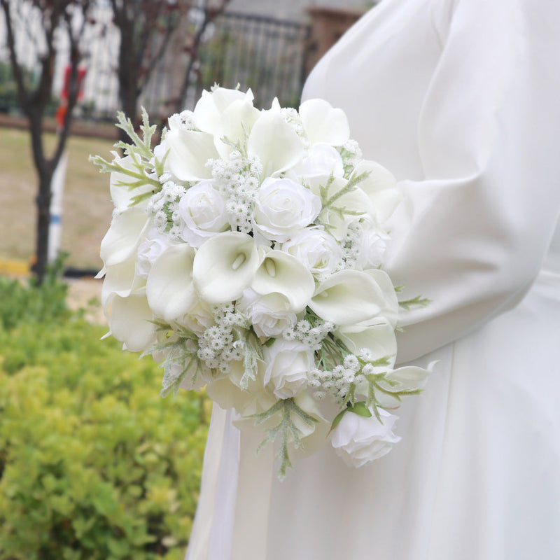 10 Inch White Rose and Calla Lily Bridal Bouquet with Baby's Breath, 1 Pc Artificial Silk Flowers