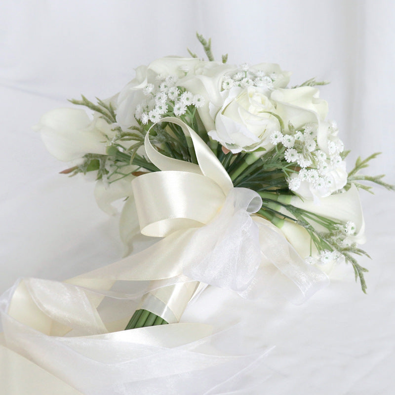 10 Inch White Rose and Calla Lily Bridal Bouquet with Baby's Breath, 1 Pc Artificial Silk Flowers