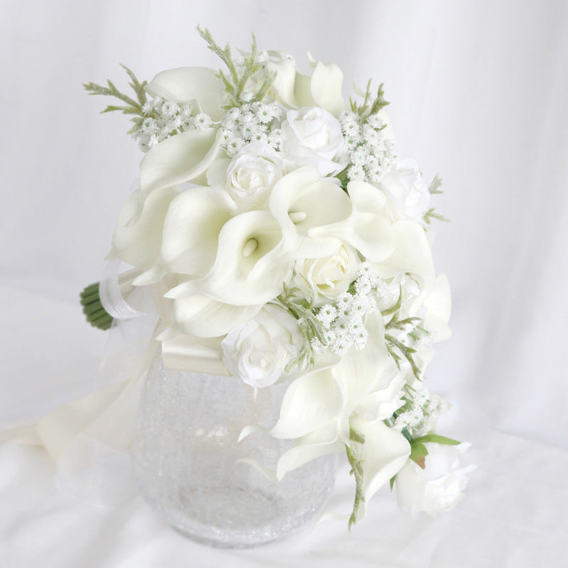10 Inch White Rose and Calla Lily Bridal Bouquet with Baby's Breath, 1 Pc Artificial Silk Flowers