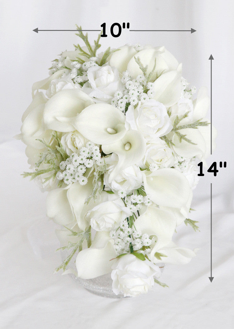 10 Inch White Rose and Calla Lily Bridal Bouquet with Baby's Breath, 1 Pc Artificial Silk Flowers