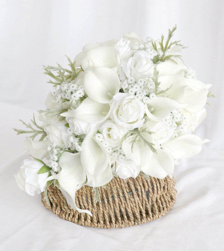 10 Inch White Rose and Calla Lily Bridal Bouquet with Baby's Breath, 1 Pc Artificial Silk Flowers