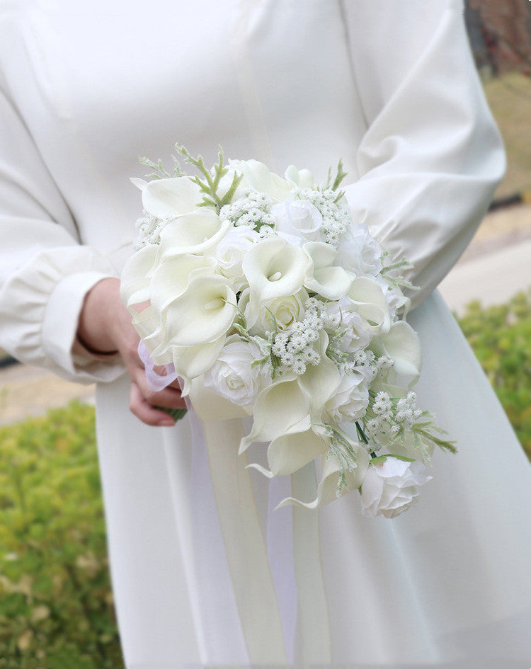 10 Inch White Rose and Calla Lily Bridal Bouquet with Baby's Breath, 1 Pc Artificial Silk Flowers