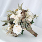 9 Inch Beige Vintage French Bridal Rose Bouquets, 10 Pcs Artificial Wedding Flowers