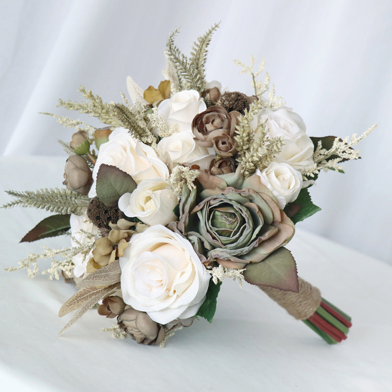 9 Inch Beige Vintage French Bridal Rose Bouquets, 10 Pcs Artificial Wedding Flowers
