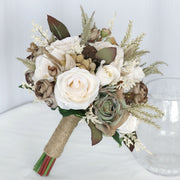 9 Inch Beige Vintage French Bridal Rose Bouquets, 10 Pcs Artificial Wedding Flowers