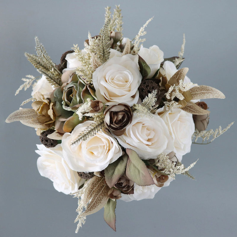 9 Inch Beige Vintage French Bridal Rose Bouquets, 10 Pcs Artificial Wedding Flowers