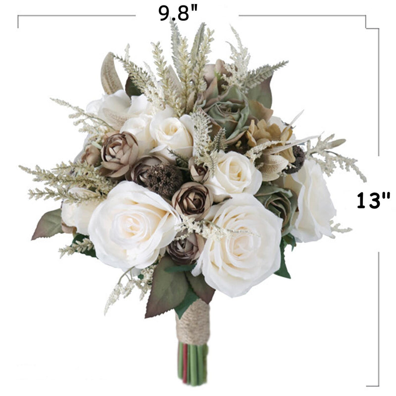 9 Inch Beige Vintage French Bridal Rose Bouquets, 10 Pcs Artificial Wedding Flowers