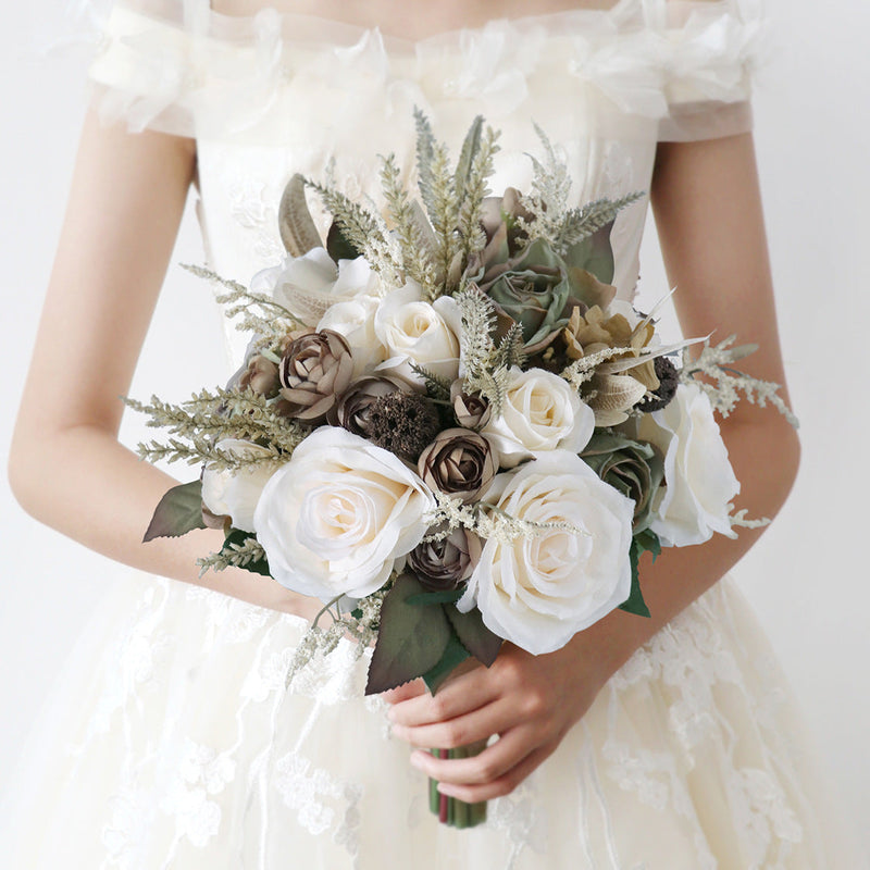 9 Inch Beige Vintage French Bridal Rose Bouquets, 10 Pcs Artificial Wedding Flowers