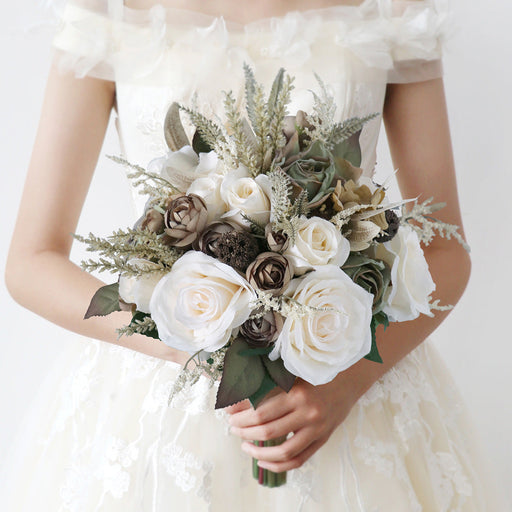 9 Inch Beige Vintage French Bridal Rose Bouquets, 10 Pcs Artificial Wedding Flowers