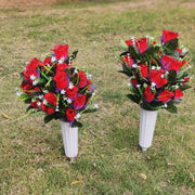 2 Pcs Artificial Flower Bouquets with Vase for Grave Memorial, Silk Flowers